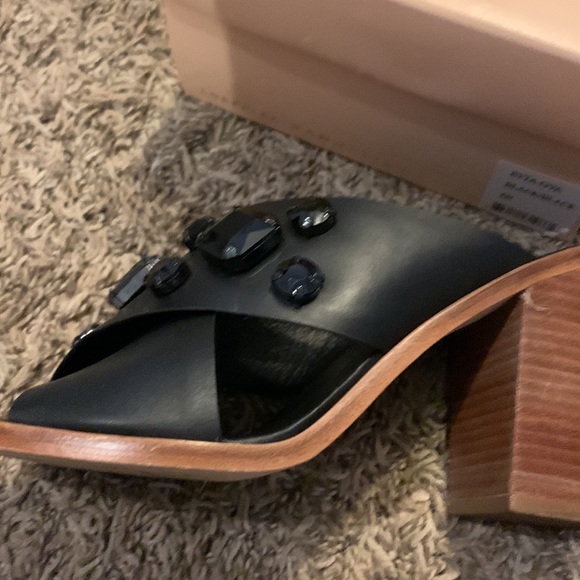 Loeffler Randall black jeweled slides stack heel leather upper/sole size 8 - Picture 3 of 5